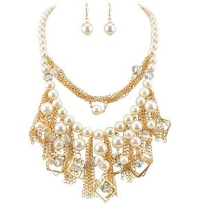 Layered Draping Fringe Faux Pear Art Deco Gold Elegant Necklace Set